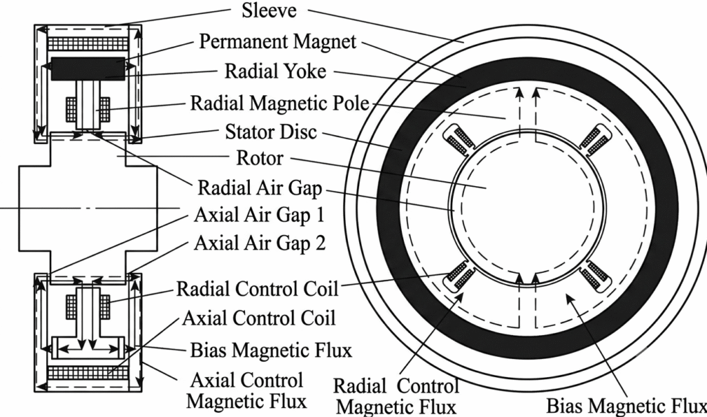 Cross-section schematic diagram of maglev centrifugal compressor active magnetic bearing, marked with radial & axial control coil, permanent magnet and air gap structure